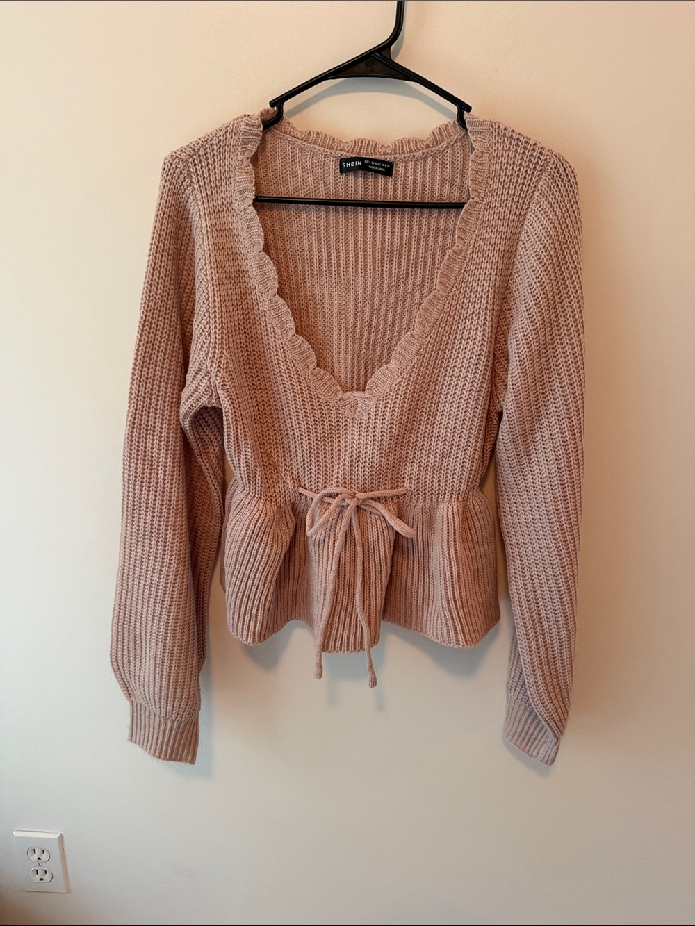 SHEIN Blush Pink Ribbed V‑Neck Tie‑Waist Sweater